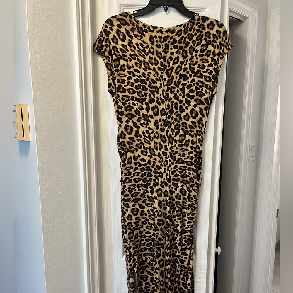 Leopard print long length bodycon dress with gatheringat waist.